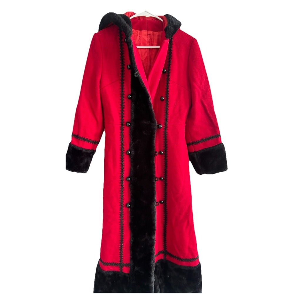 Vintage 1960s Red Princess Coat Wool Black Faux Fur Trim Hoood‎ Long Sz S A-Line